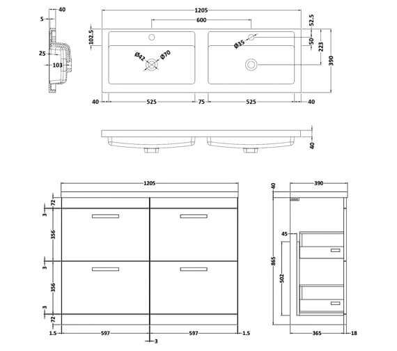 Nuie Athena 1200mm Wide Floor Standing 4 Drawer Cabinet And Double Basin 4 Nuie Athena 1200mm Wide Floor Standing 4 Drawer Cabinet And Double Basin - Image 2