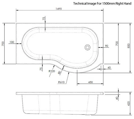 Nuie P-Shaped Shower Bath White 4 Nuie P-Shaped Shower Bath White - Image 2