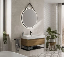 HiB Solstice Cool White LED Illuminated Round Mirror With Matt Black Frame