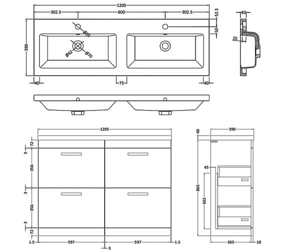 Nuie Athena 1200mm Wide Floor Standing 4 Drawer Cabinet And Double Basin 5 Nuie Athena 1200mm Wide Floor Standing 4 Drawer Cabinet And Double Basin - Image 3