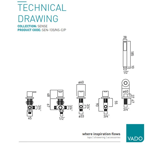 Vado Sense Chrome 4 Hole Bath Shower Mixer Set Without Spout 4 Vado Sense Chrome 4 Hole Bath Shower Mixer Set Without Spout - Image 2