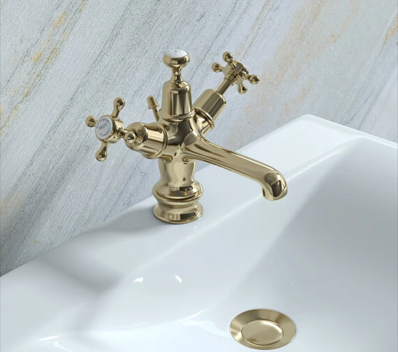 Burlington Gold Basin Mixer Tap With Click-Clack Waste Claremont Handles And Regent Base 3 Burlington Gold Basin Mixer Tap With Click-Clack Waste Claremont Handles And Regent Base