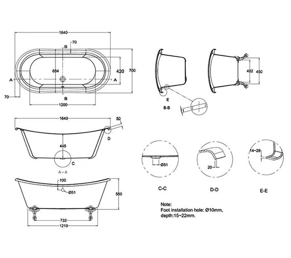 Burlington Bateau 1640 X 700mm White Double Ended Freestanding Bath 5 Burlington Bateau 1640 X 700mm White Double Ended Freestanding Bath - Image 3