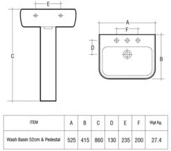 RAK Metropolitan White Basin 525mm With Full Pedestal -Duravit Store QS V36240 2 mn