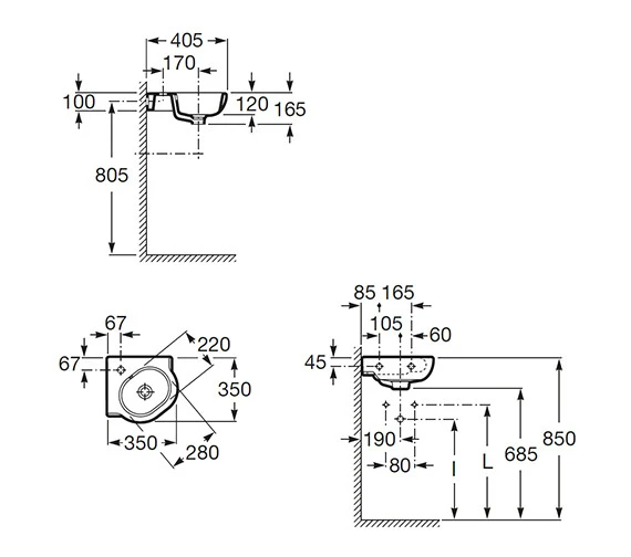 Roca Meridian-N Compact White Corner Basin 350mm Wide - 32724C000 4 Roca Meridian-N Compact White Corner Basin 350mm Wide - 32724C000 - Image 2